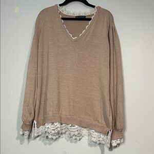 Adrianna Papell Beige Sweater with White Lace